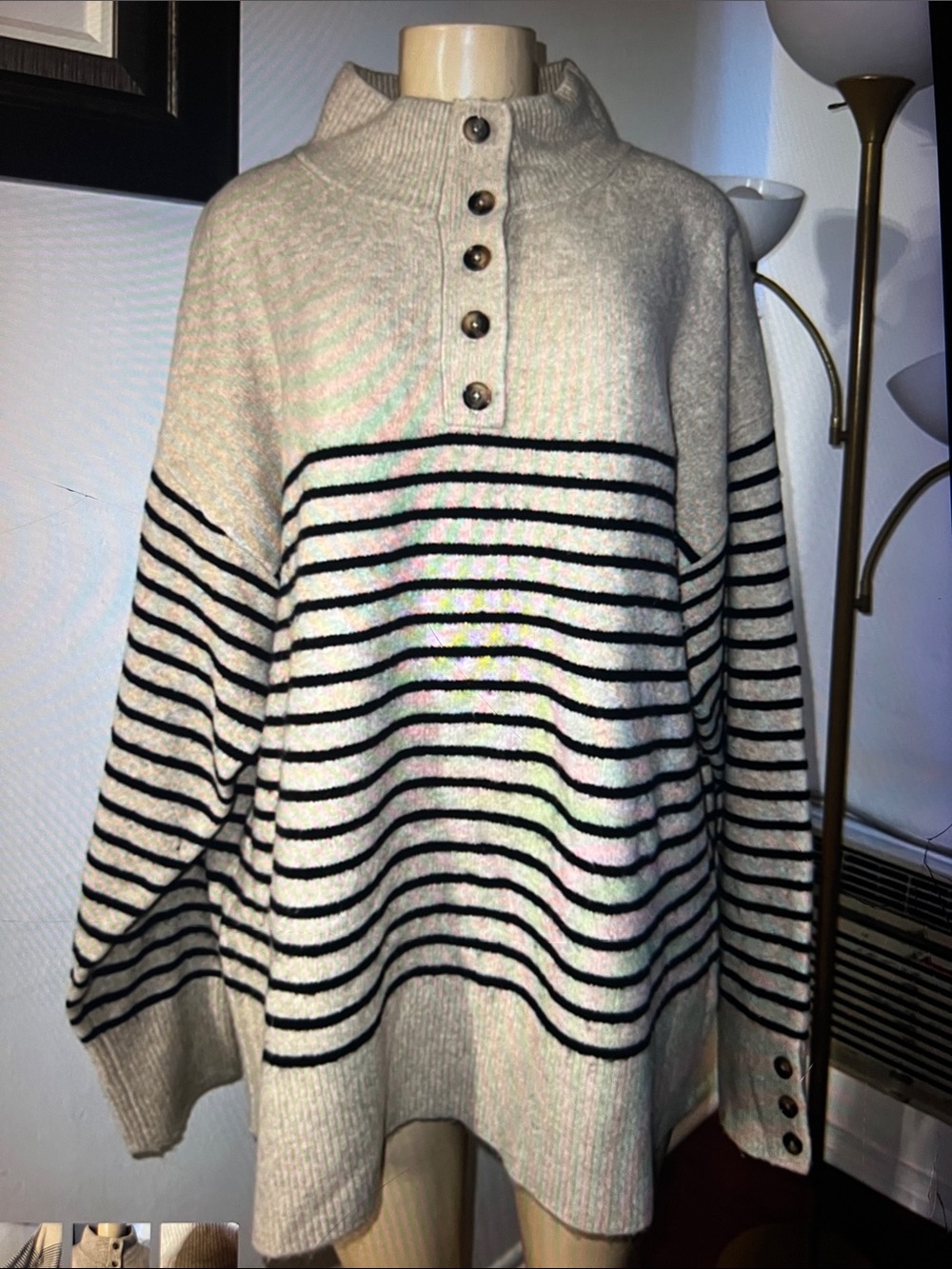 Cream & Black Striped Button-Neck Women's Sweater